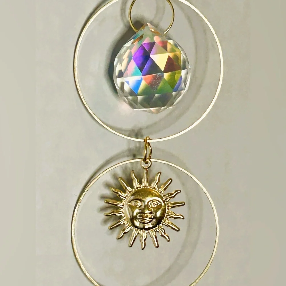 Hanging Gold Crystal Suncatcher Colorful Prism Pendant 16in